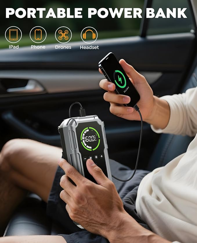 Car Battery Jump Starter with Air Compressor 8000A 160PSI, Car Jumper Starter Portable (All Gas/10L Diesel), Jump Starter Jump Box with Jumper Cables, LED Light, Large LCD Display, Power Bank