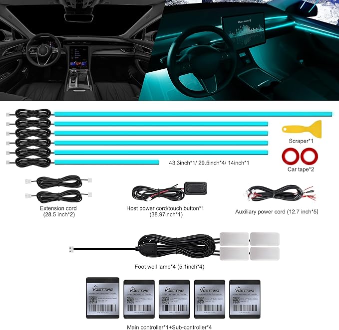 RGB Acrylic Interior Car LED Strip Light with Wireless APP, 10 in 1 with 175 inches 593 LEDs Neon LED Strip Light, 16 Million Colors Dynamic Music Sync Car Ambient Lighting Kits