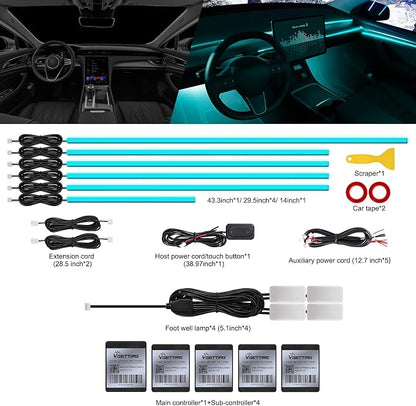 RGB Acrylic Interior Car LED Strip Light with Wireless APP, 10 in 1 with 175 inches 593 LEDs Neon LED Strip Light, 16 Million Colors Dynamic Music Sync Car Ambient Lighting Kits