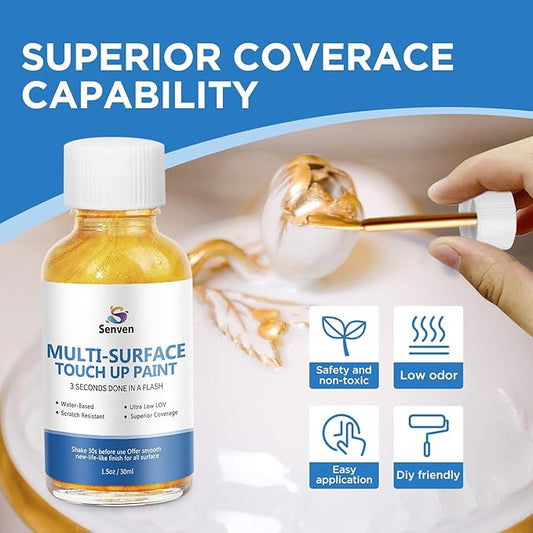 SENVEN Liquid Gold Leaf Paint High Gloss Multi Surface Rich Gold Paint for Metal, Wood, Plastic, Canvas, Appliance, Furniture Scratch Repair & Art Handcrafts 30ml/1.5oz Fast Drying Acrylic Metallic Finish