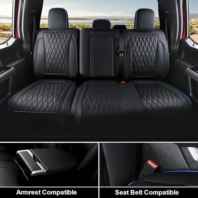 Coverado Leather Ford F150 Seat Covers Full Set, Automotive Seat Covers for Pick-up Truck, Waterproof Cushion Cover for 2015-2026 F150 and 2017-2026 F250 F350 F450 (Blue line)