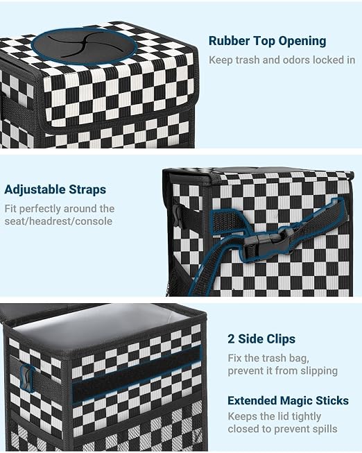 Capolo Car Trash Can with Lid, Leakproof Car Trash Bag Hanging Waterproof Automotive Garbage Can with Storage Pockets Mini Vehicle Trash Bin for Back/Front Seat(Black Checkerboard,2.5 Gallon)