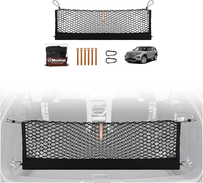 Muslogy Truck Bed Cargo Net Trunk Netting Compatible with 2020-2024 2025 2026 Ford Explorer Accessories, Pickup Cargo Organizer SUV Sedan Storage Net w/Heavy Duty Carabiners