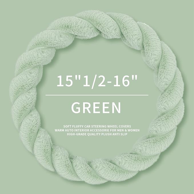 HighnessHwoo Luxury Fluffy Winter Car Steering Wheel Cover for Women Soft Warm Cute Auto Accessories for Jeep, Truck, Van, F150, Universal, Fuzzy, Anti Slip, Green, Large Size, 15.2-16in