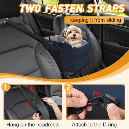 Portable Dog Car Seat for Small Dogs - Adjustable Safety Leash, Washable Cushion & Storage Pocket - Pet Booster Seat for Car Travel- Navy Blue