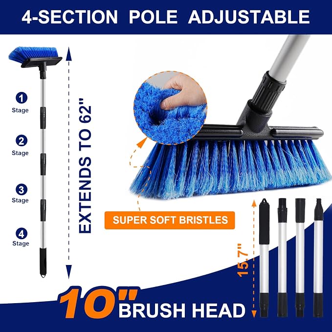 EVERRUSH 62" Car Wash Brush Mop with Long Handle, 10" Soft Bristle Scrub Scratch-Free Car Cleaning Brush Supplies Broom Kit for RV Boat Truck SUV, House Siding, Snow, Floors, Extension Aluminum Alloy