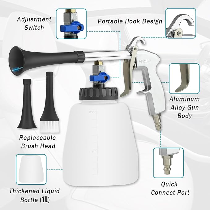 Car Cleaning Air Gun with 2 Nozzle Sets,Foam Bottle, Brush Head, Cleaning Sponge,Interior Cleaning Kit for Vehicle Upholstery, Carpet, and Seats