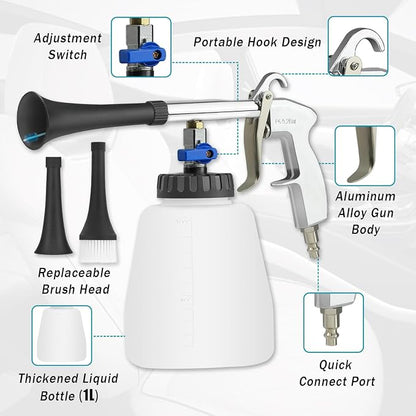 Car Cleaning Air Gun with 2 Nozzle Sets,Foam Bottle, Brush Head, Cleaning Sponge,Interior Cleaning Kit for Vehicle Upholstery, Carpet, and Seats