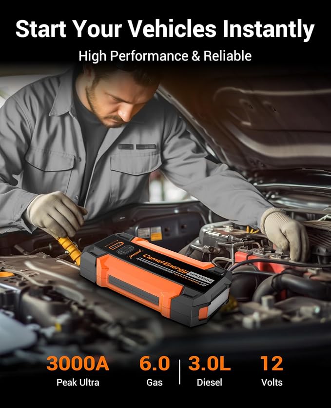 Portable Jump Starter 3000A Peak Car Battery Pack, 12V Jump Box up to 9.0L Gasoline and 7.0L Diesel Engine with Lights and Jumper Cable, 500 Lumen Lights
