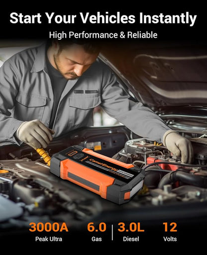 Portable Jump Starter 3000A Peak Car Battery Pack, 12V Jump Box up to 9.0L Gasoline and 7.0L Diesel Engine with Lights and Jumper Cable, 500 Lumen Lights