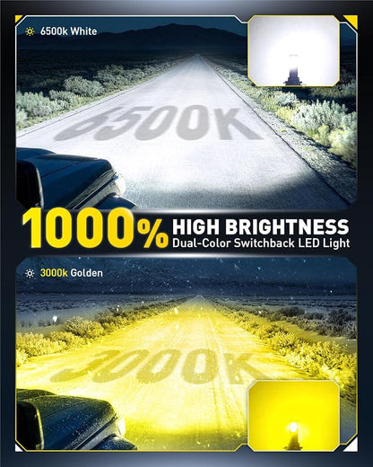 AUXITO H11 LED Dual Color Bulb 80000LM, 6500K White 3000K Golden Yellow Switchback Fog Lights, 60000H Extremely Long Life, 1:1 Mini Design for Easy Installation, Pack of 2