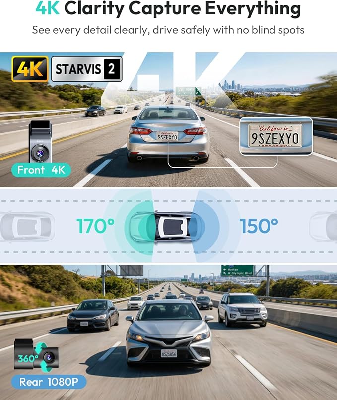 BOTSLAB G300 PLUS 4K DUAL Dash Cam Front and Rear [Updated Version], STARVIS 2 Sensor, 64GB Card Included, Voice Control, 5GHz WiFi Dashcam Front and Rear Camera, GPS,WDR Night Vision,24H Parking Mode