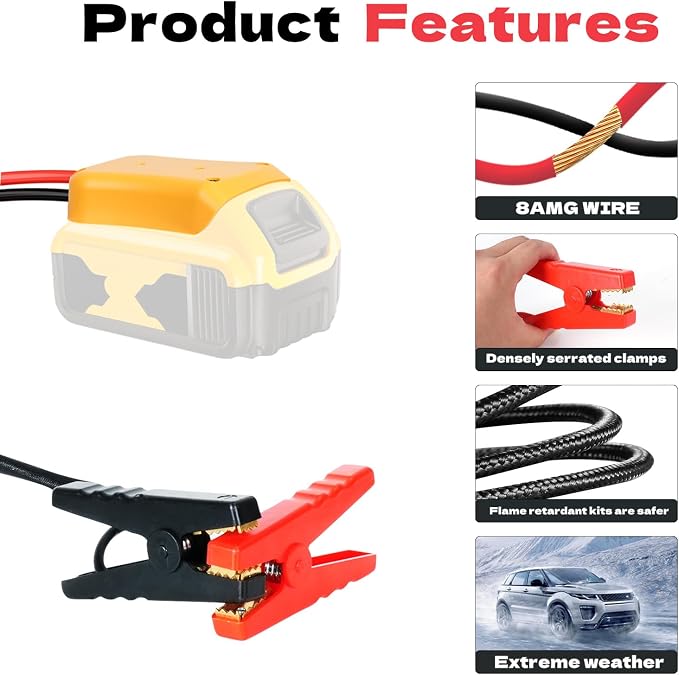 Jumper Cables with Adapter for Dewalt 20V Battery, 4.9FT 8AWG Portable Battery Dewalt Jumper Starter Automotive Booster Cables Power for Car Jump Starting Using Tool