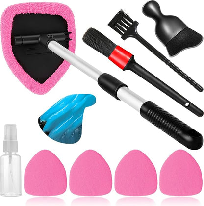 Qydipclin 10pcs Windshield Cleaner Tool, Car Window Cleaning Wash Kit with 4 Reusable Microfiber Pads 1 Spray Bottle and Extendable Handle Auto Glass Wiper Kit, Pink