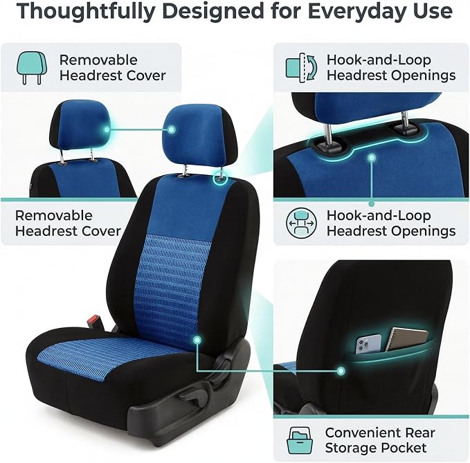 FH Group Universal Car Seat Covers Front Set for SUV Truck Sedan Vans | 3D Textured Breathable Fabric Seat Cover Set Protector with Airbag Compatible Interior Upgrade - Blue
