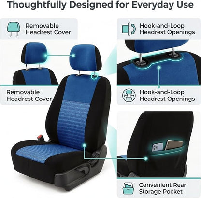 FH Group Universal Car Seat Covers Front Set for SUV Truck Sedan Vans | 3D Textured Breathable Fabric Seat Cover Set Protector with Airbag Compatible Interior Upgrade - Blue