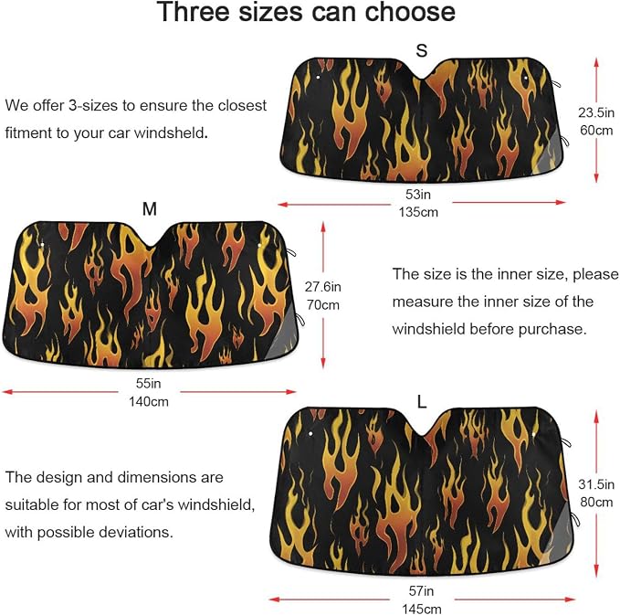 Windshield Sun Shade Yellow Orange Fire Flames Front Window Block UV Shades Visor Reflective Retractable for Car SUV Trucks