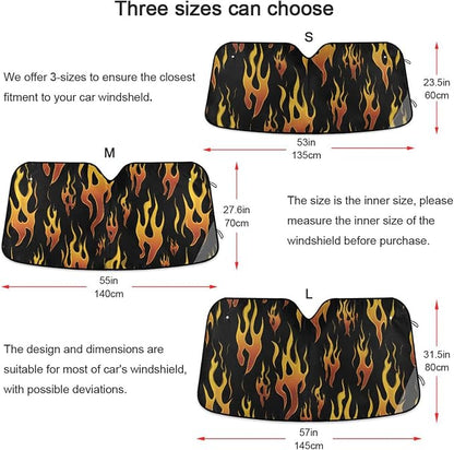 Windshield Sun Shade Yellow Orange Fire Flames Front Window Block UV Shades Visor Reflective Retractable for Car SUV Trucks