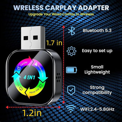 2026 Upgraded 4-in-1 Wireless CarPlay Adapter, Convert Wired to Wireless CarPlay & Android Auto, Support AirPlay & Screen Mirroring, Zero Latency Plug & Play, USB/Type-C for iPhone iOS & Android