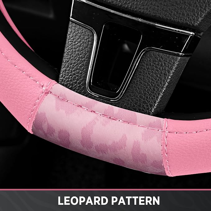 Road Comforts Steering Wheel Cover - Flat Bottom Wheel Cover Made with PVC Leather and Leopard Fabric - Universal Fit for 15-Inch D-Shaped Automotive Steering Wheels (All Pink)