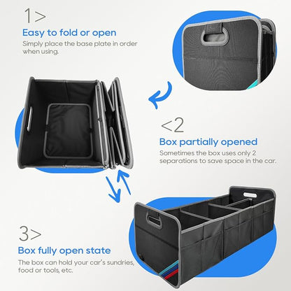 XL Car Trunk Organizer, 4 Compartments, 94L Capacity, Oxford Polyester 600D Material, Easy Fold and Store, Prevents Sliding | Rugged & waterproof large storage box. Features 94L capacity, 6 large mesh pockets & non-slip base for SUV, garage, camping