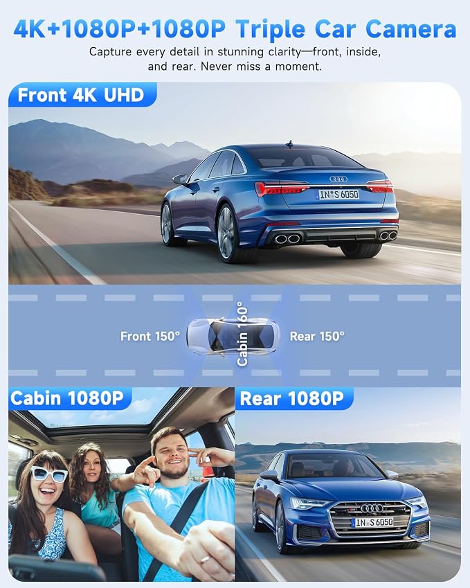SARMERT 4K 3 Channel Dash Cam, Dash Cam Front and Rear C3, Free 64GB Card, 4K+1080P+1080P Dashcam, G-Sensor, WDR, APP, 5G WiFi, Night Vision, 24H Parking Monitor