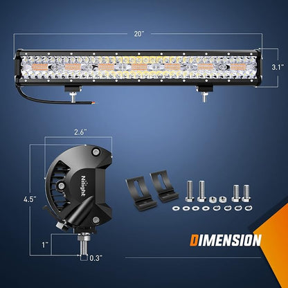Nilight 20Inch 420W LED Light Bar Spot Flood Amber White Strobe 6 Modes with Memory Function Off-Road Truck Car ATV SUV Cabin Boat with 16AWG Wiring Harness Kit-1 Lead