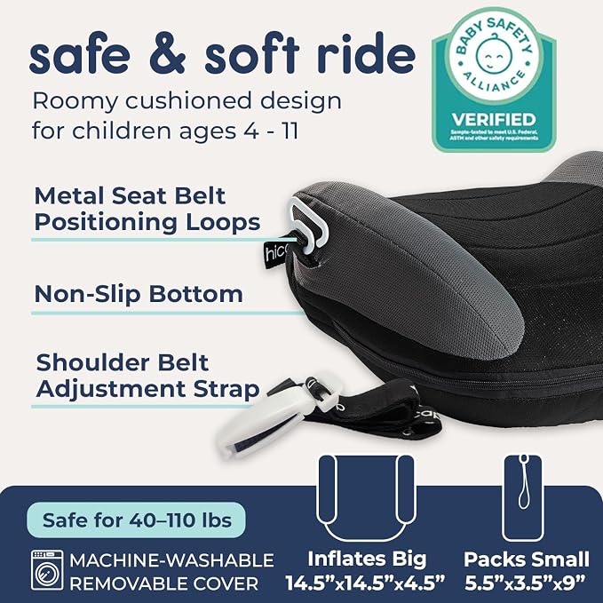 Hiccapop UberBoost Inflatable Booster Car Seat | Blow up Narrow Backless Booster Car Seat for Travel | Portable Booster Seat for Toddlers, Kids, Child | Black/Gray