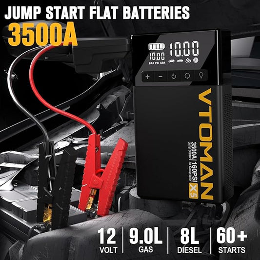 VTOMAN X5 Jump Starter with Air Compressor, 3500A Portable Car Battery Booster (Up to 9L Gas/8L Diesel Engines) with 160PSI Digital Tire Inflator, 12V Lithium Battery Jump box with Type-C Quick Charge