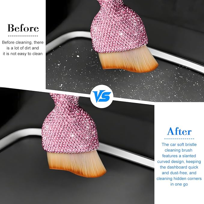 Bling Car Detailing Brush, Crystal Rhinestone Non-Scratch Vehicle Cleaning Dust Brush for Air Vent & Dashboard, Soft Bristles Automotive Interior Cleaning Tool, Universal Fit (Pink)