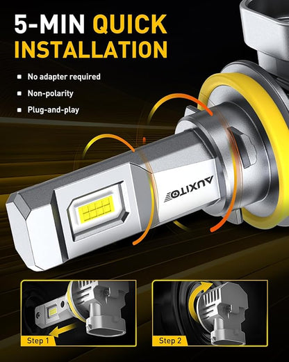 AUXITO H11/H9/H16/H8 LED Fog Light Bulbs, 6500K Cool White, 30000LM Brighter, Plug & Play, True Mini Size, Long Lifespan LED Fog Lights, Pack of 2