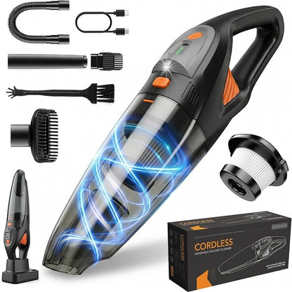 Handheld Vacuum Cordless, 25000Pa Powerful Suction Car Vacuum Portable Cordless with 8000mAh Battery & LED Light, Hand Held Vacuum Rechargeable with HEPA Filters, Home, Car Seats, Pet Hair Orange