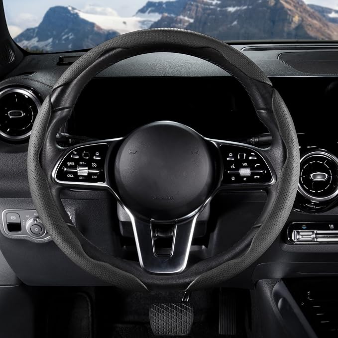 Car Steering Wheel Cover Leather Snap On 3Pcs Set Non-Slip Protector Wrap Steering Wheel Accessories 14.5-15 inch Universal Black
