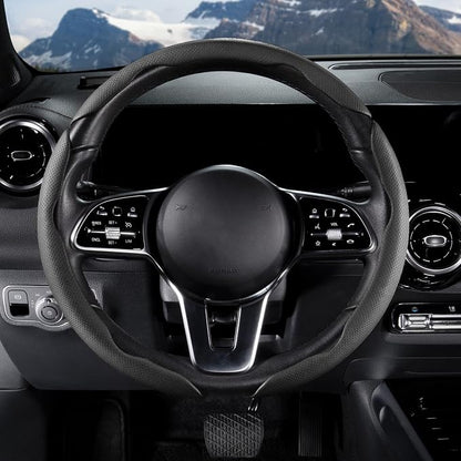 Car Steering Wheel Cover Leather Snap On 3Pcs Set Non-Slip Protector Wrap Steering Wheel Accessories 14.5-15 inch Universal Black
