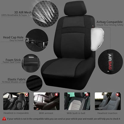 CAR PASS Seat Cover Full Sets, 3D Air Mesh Car Seat Cover with 5mm Composite Sponge Inside,Airbag Compatible Universal Fit for SUV,Vans,sedans, Trucks, Automotive Interior Covers(All Black)