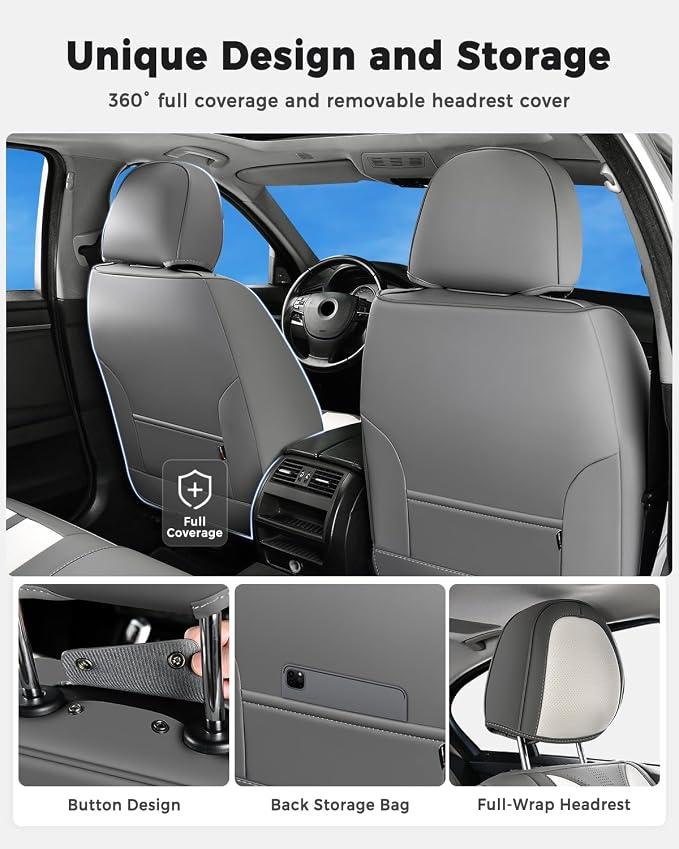 Huidasource Front Car Seat Covers Luxury Nappa Leather, Car Seat Covers Front Seats with Airbag, Front Storage Pocket, Lumbar Support Cooling＆Heating Universal Fit for Most Cars SUV Trucks, Gray&White