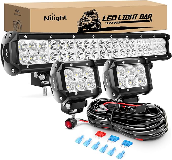 Nilight - ZH001 20Inch 126W Spot Flood Combo Led Off Road Led Light Bar 2PCS 18w 4Inch Flood LED Pods With 16AWG Wiring Harness Kit-2 Lead, 2 Years Warranty
