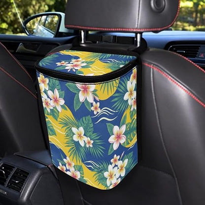 Talayituse Plumeria Palm Leaf Print Car Trash Bin, Large Size Auto Trash Can Adjustable Portable Garbage Can with Lid, Vehicle Hanging Bag for Headrest Front Back Seat