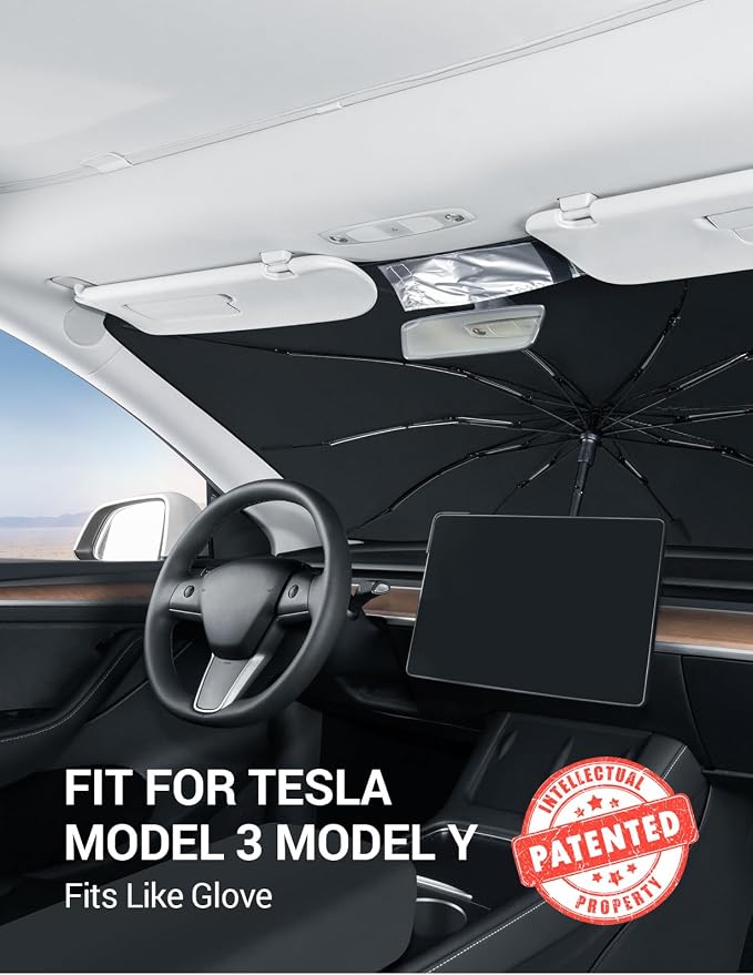 BASENOR 2017-2026 Tesla Model Y Model 3 Windshield Sunshade Umbrell [Nano Ice Crystal Particle] Front Window Shade, Coating 100% Heat Protection Retractable Sunshades