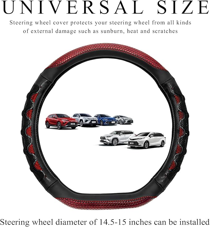 Car Steering Wheel Cover, 15 Inch Anti-Slip Steering Wheel Cover Protector with 3D Honeycomb Design, Universal Steering Wheel Covers for Cars Truck SUV, Car Accessories (Red)