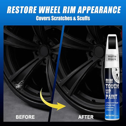 Matte Black Rim Touch Up Paint, 2-in-1 Brush & Tip, 0.4 fl oz - Universal Black Rim Curb Rash Repair Kit for Scratches, Scuffs Alloy/Metal Wheels, OEM Color Match, Quick-Dry & Long-Lasting