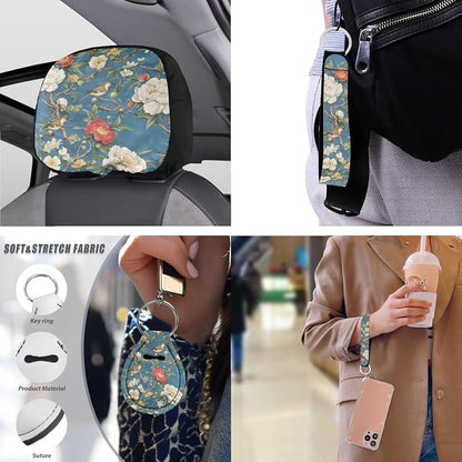 Floral Car Seat Cover Full Set of 13, Vintage Flowers Bird Vehicle Headrest Cover Cup Holder Coaster, Chinoiserie Automotive Interior Covers for Sedans Trucks