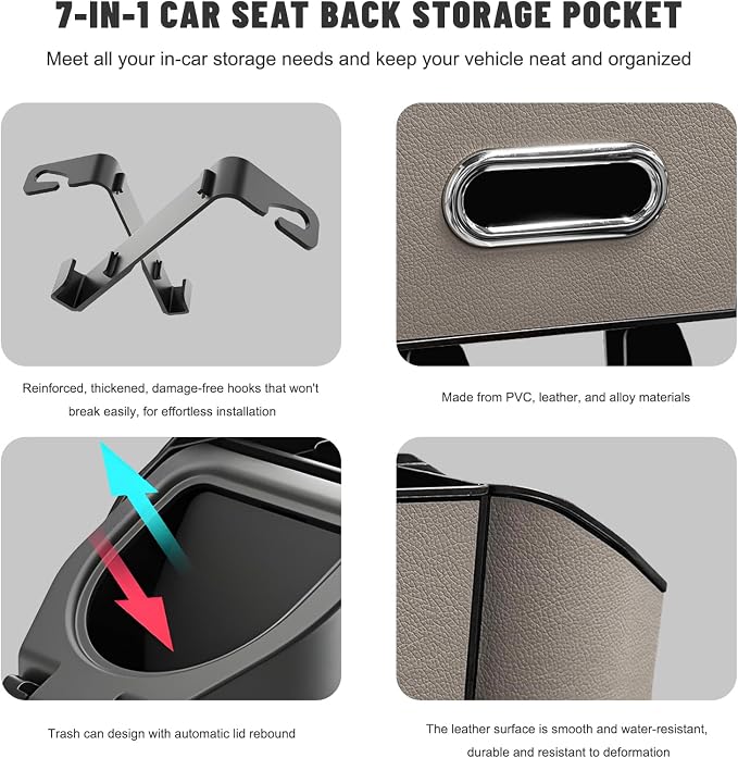 Car Backseat Organizer, 7-In-1 Multifunctional Car Headrest Storage Box with Hook Phone Holder & Cup Holder, Vehicle Hanging Seat Back Organizer for Hold Phone Snacks Drinks (Gray)