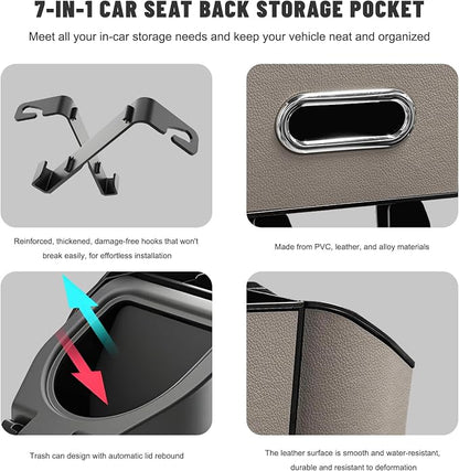 Car Backseat Organizer, 7-In-1 Multifunctional Car Headrest Storage Box with Hook Phone Holder & Cup Holder, Vehicle Hanging Seat Back Organizer for Hold Phone Snacks Drinks (Gray)