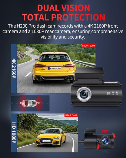 Dash Cam Front and Rear, 4K Full HD Dual Dash Camera for Cars, Built-in Memory Card Monitoring, 64GB Card, 5G WiFi GPS, Car Camera with 3" IPS Screen, 2160P Night Vision, 24H Parking Monitor