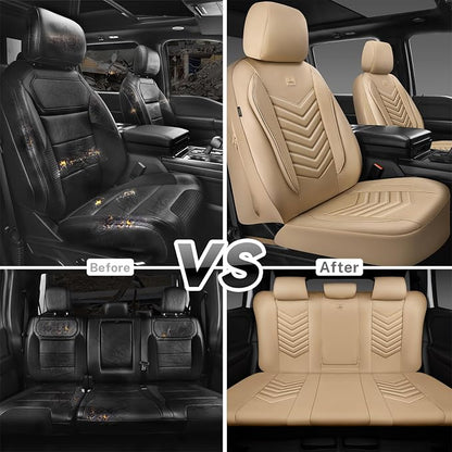 CAR PASS 3D Foam Faux Leather Seat Covers Full Set,Waterproof Tan Leather Seat Cover for Cars,Luxury Universal Fit Anti-Slip for SUV Truck Sedan Automotive,Armrest Airbag Compatible,All Beige