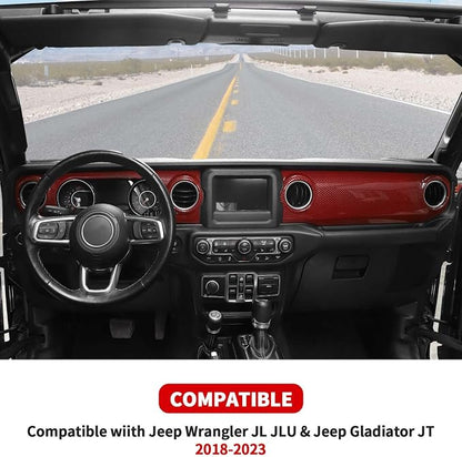 for JL Dashboard Decorative Panel Cover, Center Console Trim Cover Kit Compatible with 2018-2023 Jeep Wrangler JL JLU & Jeep Gladiator JT(Red Carbon Fiber)
