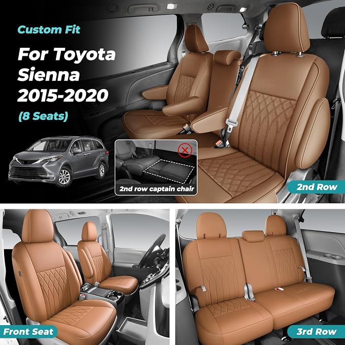 Customized for Toyota Sienna Seat Covers 2011-2020 Sienna 8 Seats 3 Row, Leather Car Seat Covers Waterproof Seat Covers Full Set for Cars, Car Seat Protectors, Airbag Compatible(Brown)