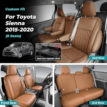 Customized for Toyota Sienna Seat Covers 2011-2020 Sienna 8 Seats 3 Row, Leather Car Seat Covers Waterproof Seat Covers Full Set for Cars, Car Seat Protectors, Airbag Compatible(Brown)