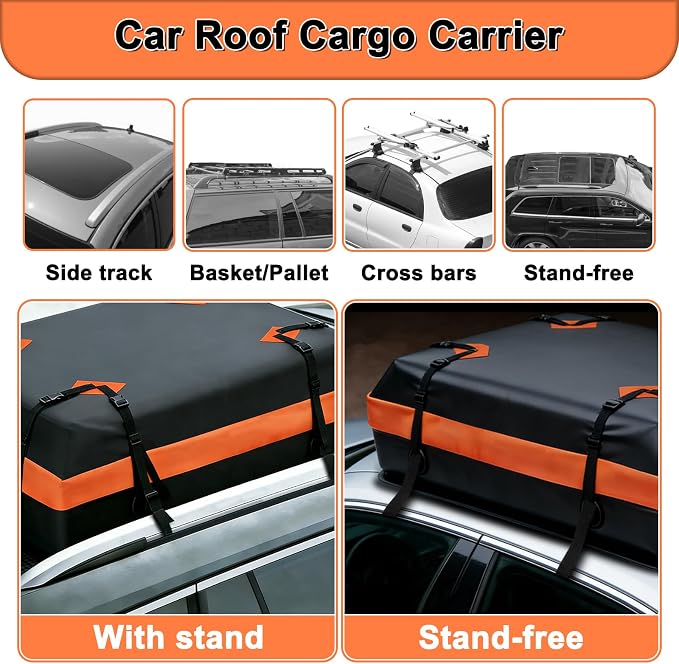 15 Cubic Feet Rooftop Cargo Carrier - Heavy Duty Waterproof Car Roof Bag for All Vehicles with or Without Rack, Includes Anti-Slip Mat, 6 Door Hooks & Luggage Lock
